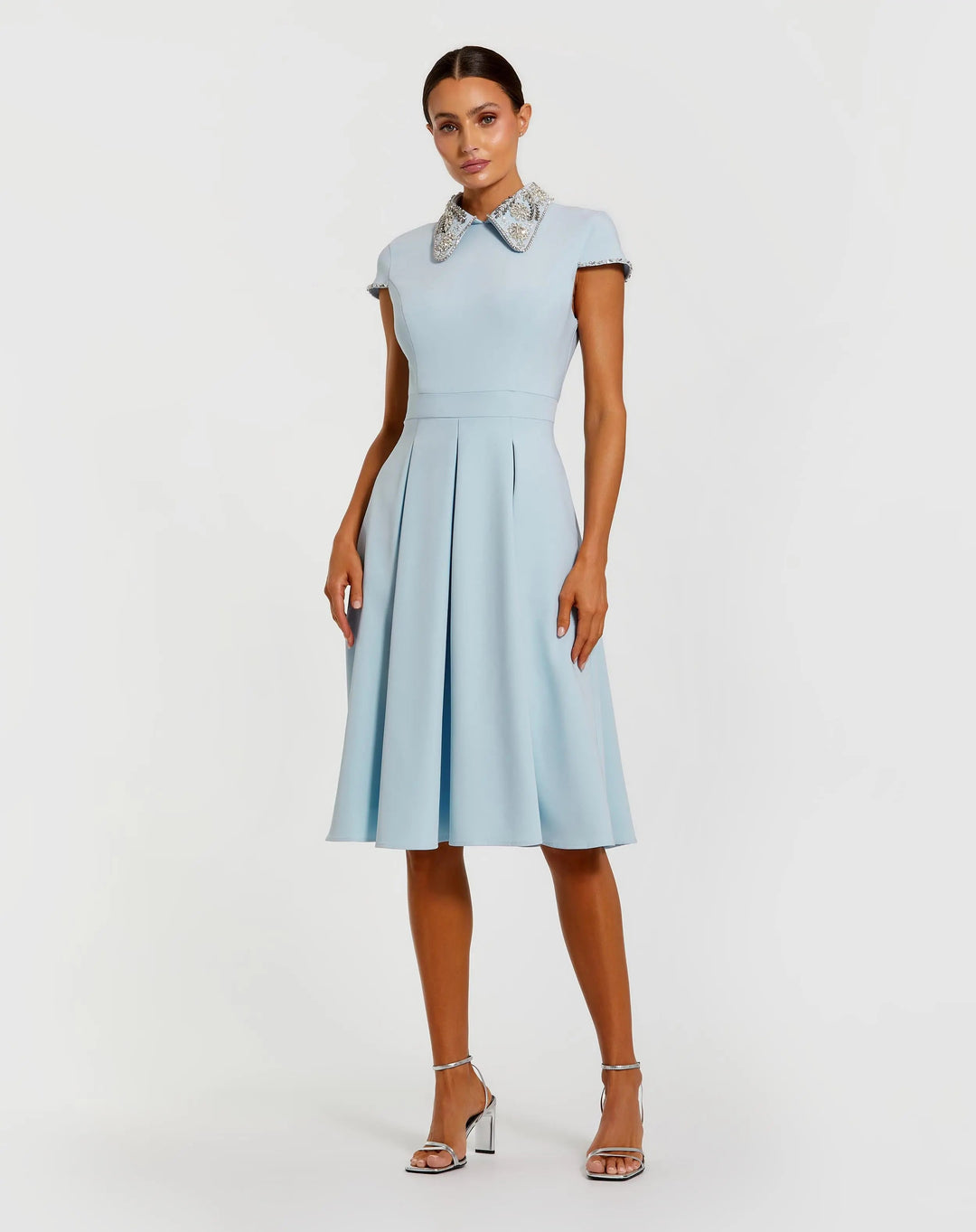 Blue Crepe Short Sleeve Midi Dress With Beading - FOSTANI.com