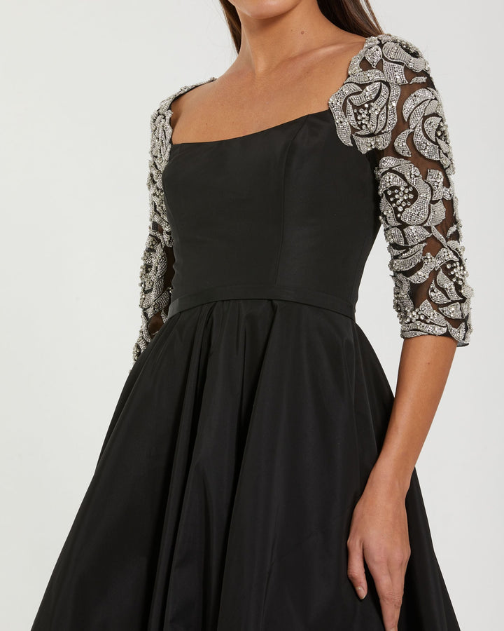 Mac Duggal 2320 Bubble Hem Midi Dress With Embellished Sleeves