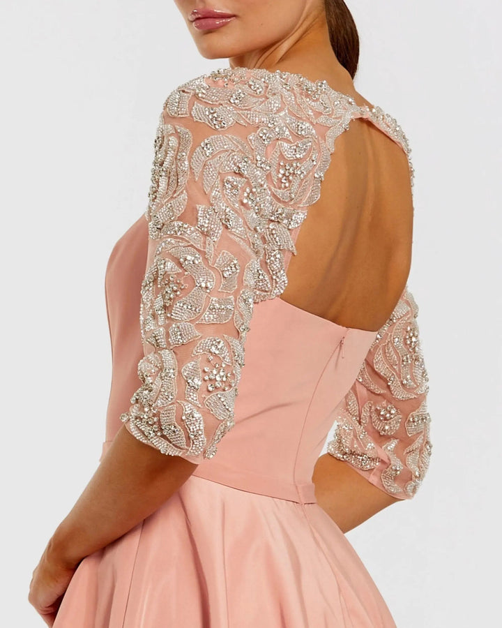 Pink Bubble Hem Midi Dress With Embellished Sleeves - FOSTANI.com