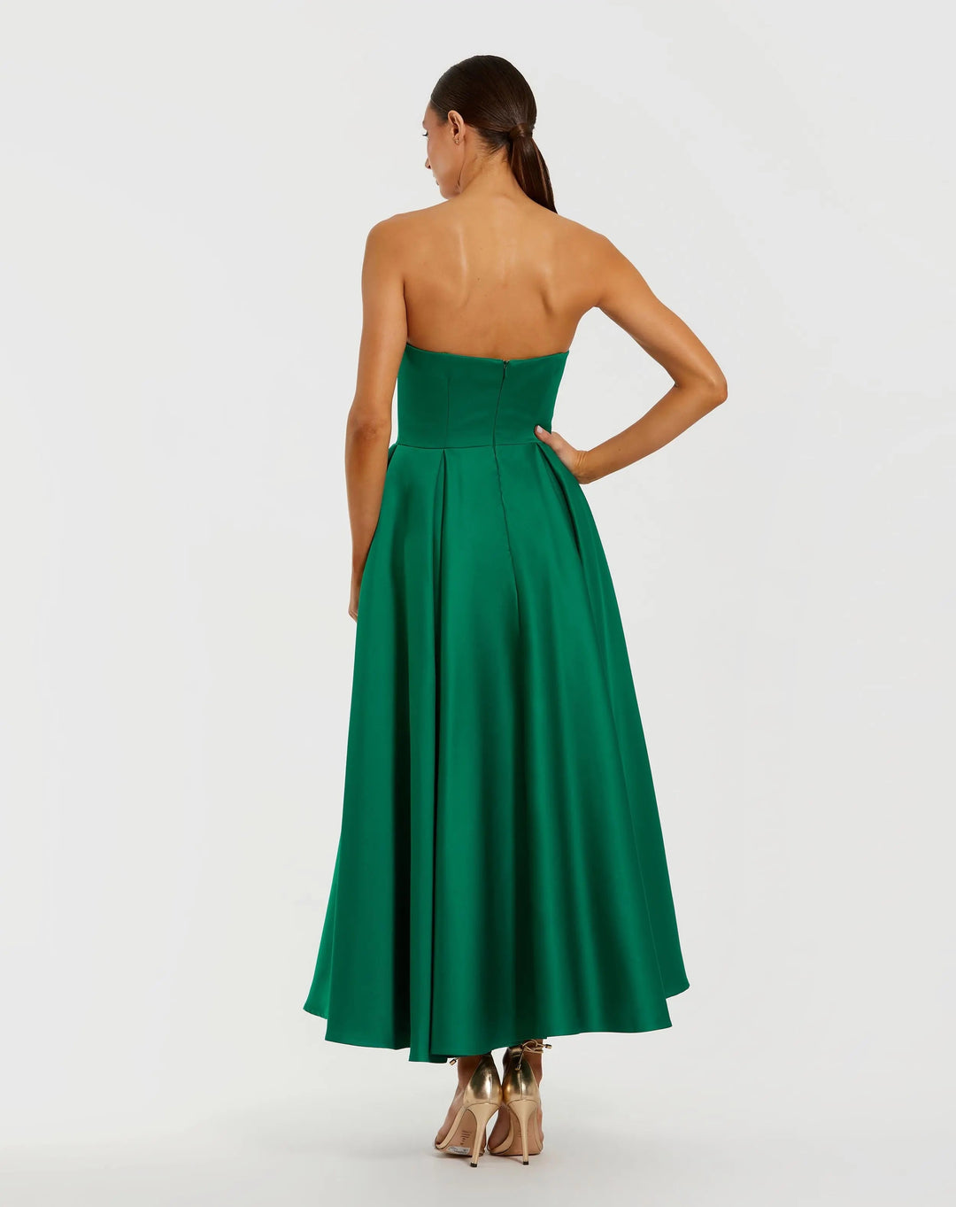 Mac Duggal 2330 Green Strapless Satin A Line Midi Dress With 3D Flower