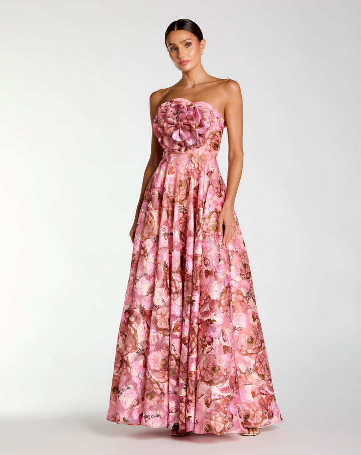 Mac Duggal 2360 Strapless Floral Printed A-Line Gown With 3D Flower