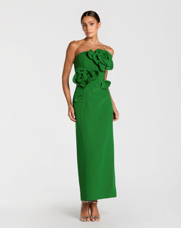 Green Strapless Crepe Dress With 3D Flower Detail - FOSTANI.com