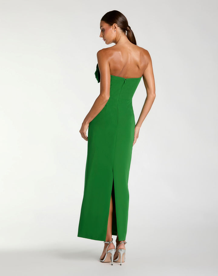 Green Strapless Crepe Dress With 3D Flower Detail - FOSTANI.com