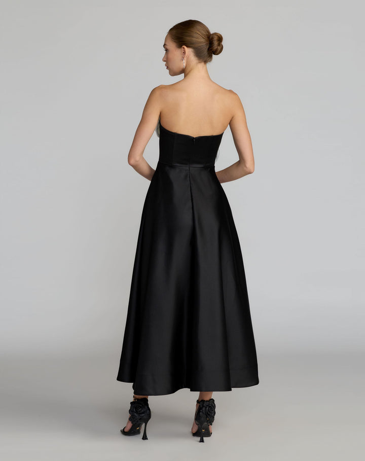 Mac Duggal 2362 Black Strapless Satin A-Line Dress With 3D Flowers
