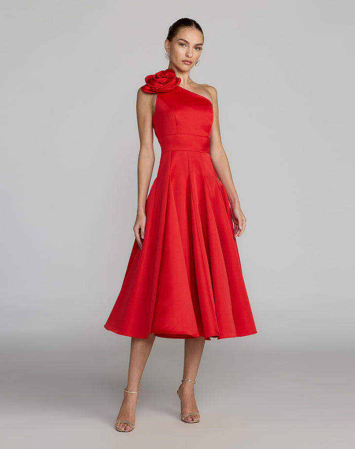 Mac Duggal 2364 Red One Shoulder Satin Midi Dress With 3D Flower