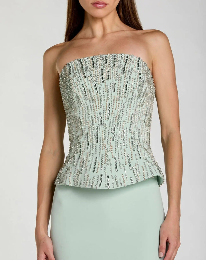 Green Embellished Crepe Strapless Column Gown - FOSTANI.com