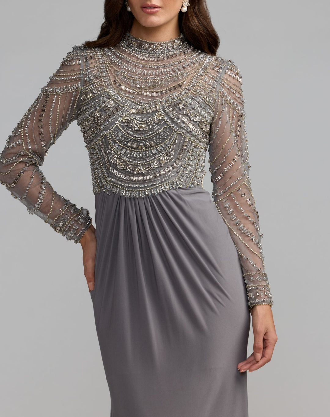 Mac Duggal 2377 Beaded Jersey Mock Neck Long Sleeve Gown
