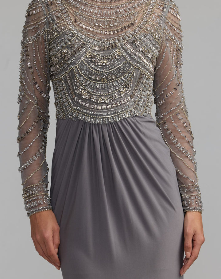 Mac Duggal 2377 Beaded Jersey Mock Neck Long Sleeve Gown
