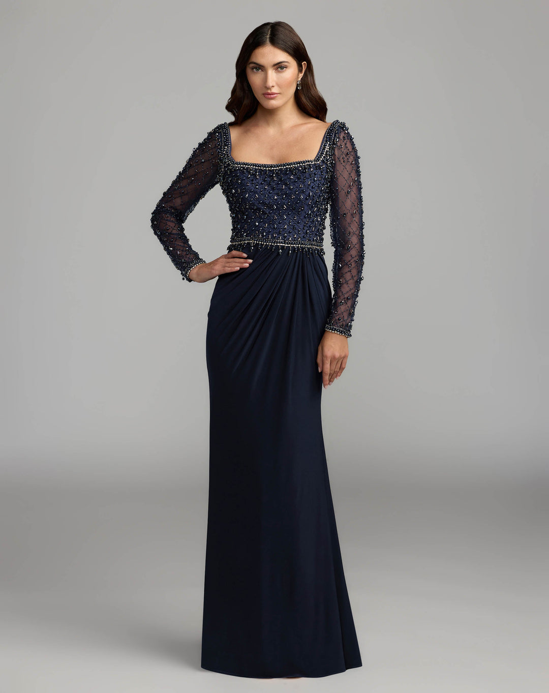 Mac Duggal 2381 Embellished Illusion Long Sleeve Column Gown
