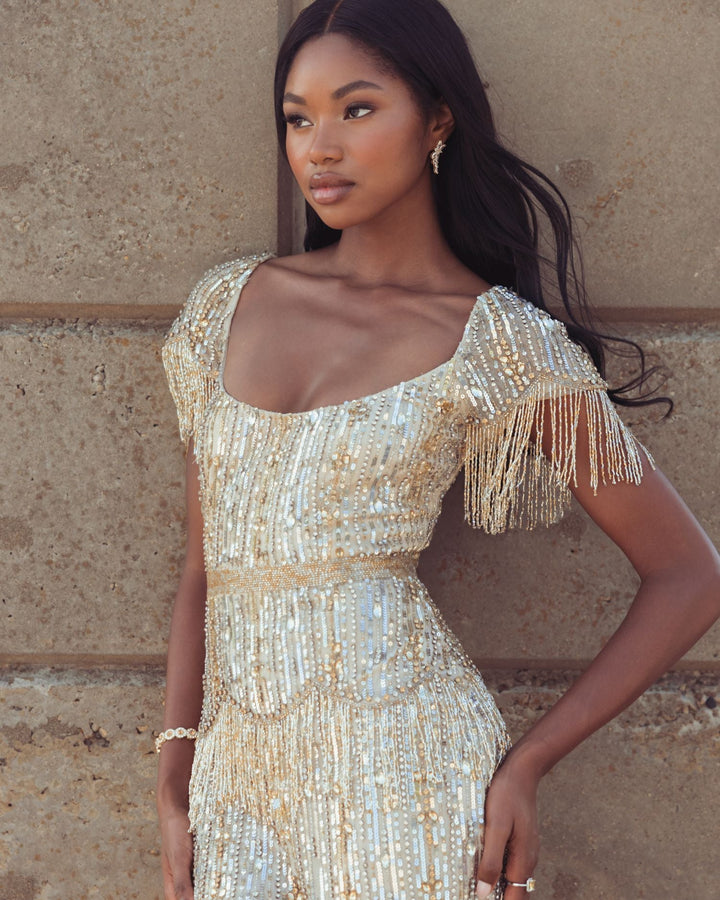 Mac Duggal 24020 Beaded Fringe Midi Dress