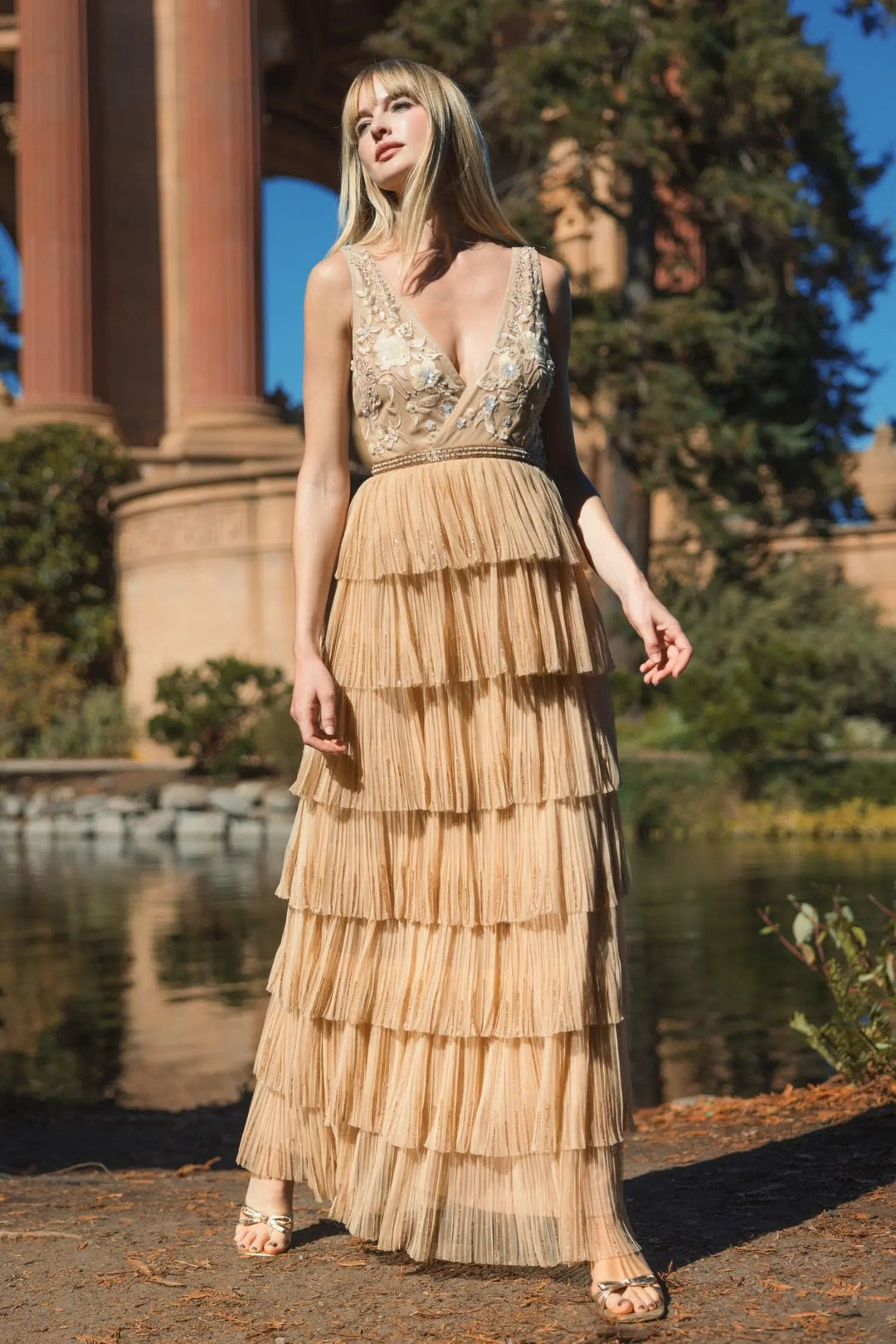 Mac Duggal 24061 Beige Beaded Mesh V Neck Gown With Tiered Ruffles