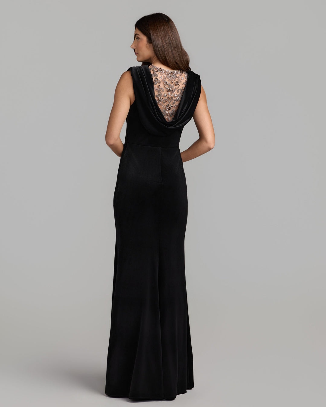 Mac Duggal 2449 Velvet Cowl Gown With Sheer Beaded Neckline