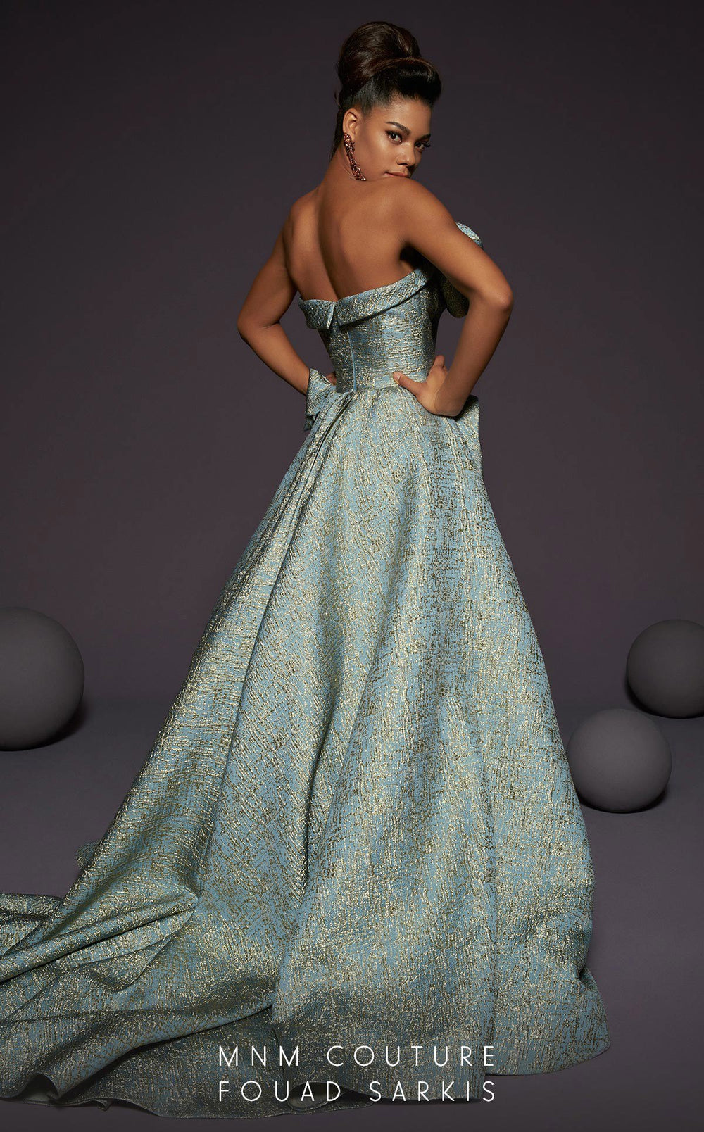 Fouad Sarkis 2466 Strapless Corset Cascading Ruffle Slit Evening Gown