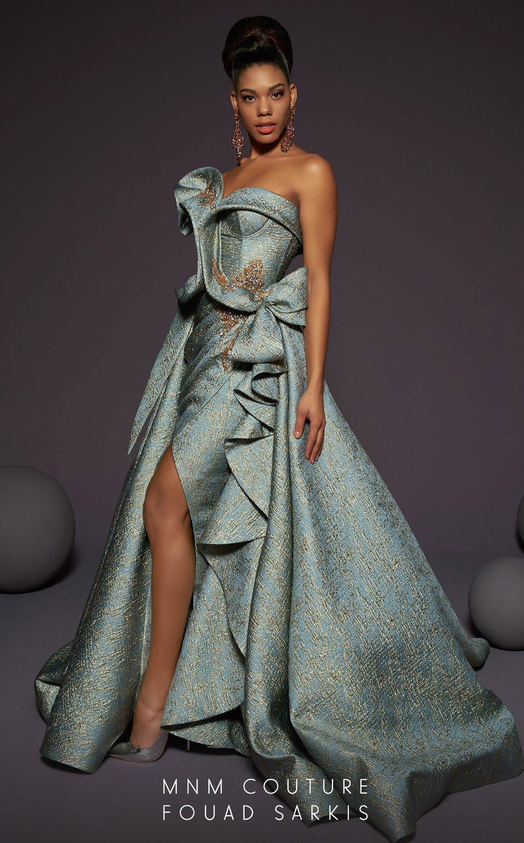 Fouad Sarkis 2466 Strapless Corset Cascading Ruffle Slit Evening Gown