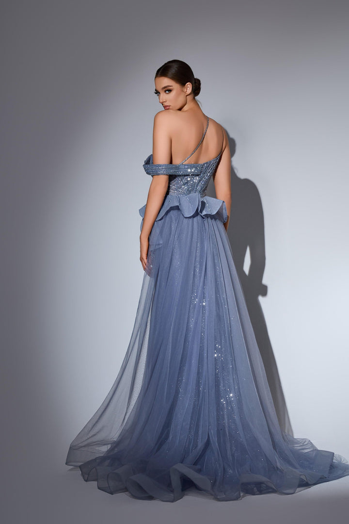 Delilah HM202 Asymmetric Plunging Beaded Mermaid Gown with Ruffled Overskirt and Slit - P.Blue back view