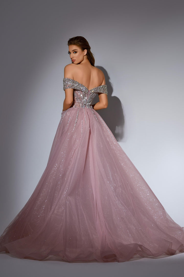 Delilah LD11416 Off-the-Shoulder Beaded Corset Mermaid Gown with Sparkle Overskirt - Pink back view