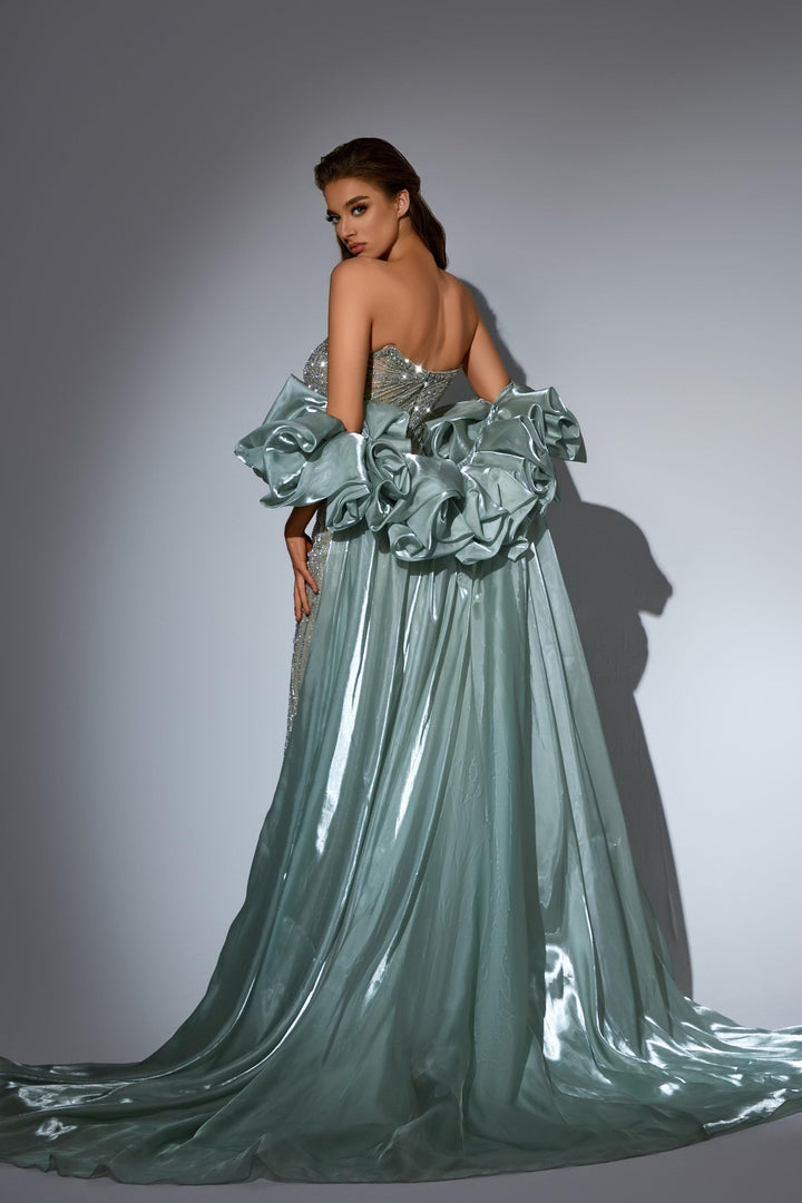 Delilah HM402 Strapless Plunging Sweetheart Beaded Mermaid Gown with Ruffled Overskirt - Mint back view