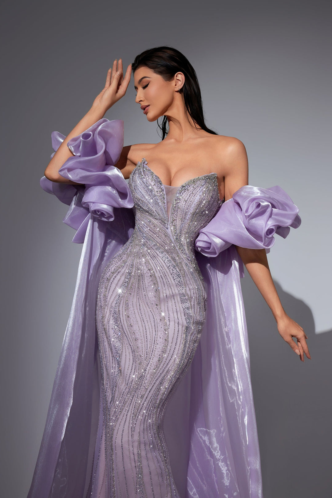 Delilah HM402 Strapless Plunging Sweetheart Beaded Mermaid Gown with Ruffled Overskirt - Lavender close-up view
