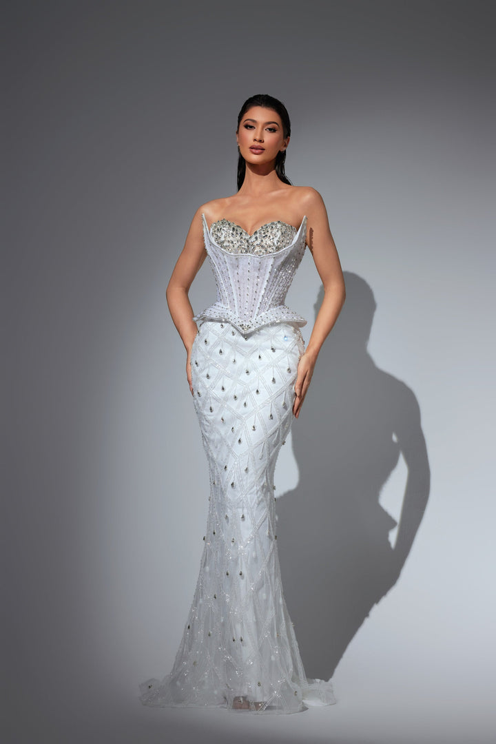 Delilah LD23012 Strapless Crystal Cup Corset Sheath Gown with Peplum and Teardrop Crystals - White front view