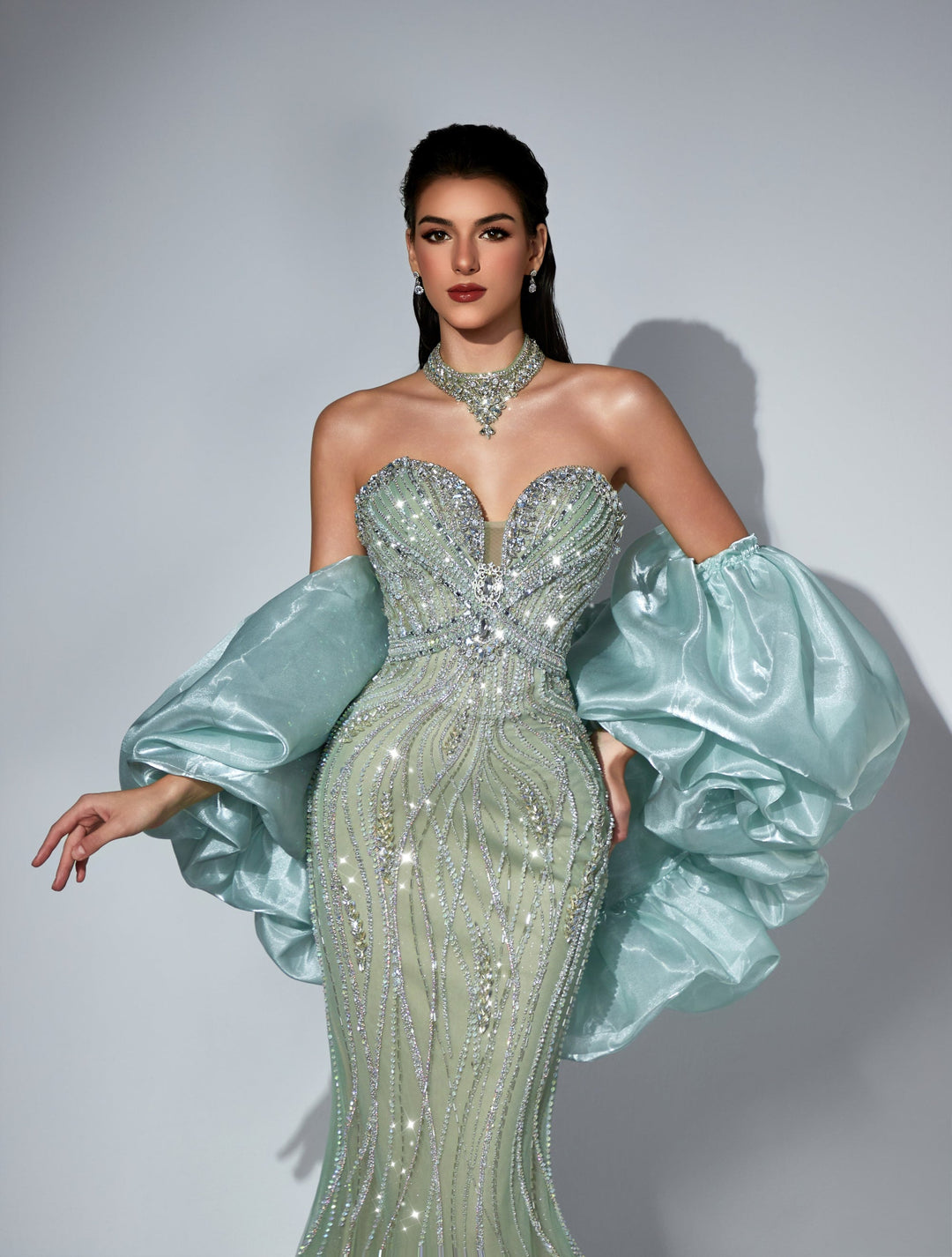 Delilah LD12056 Strapless Sweetheart Beaded Sheath Gown with Oversized Ruffled Arm Puffs - Mint close-up view