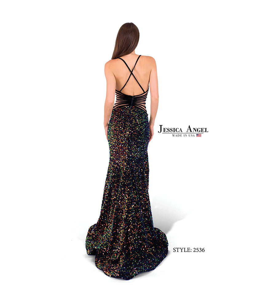 Jessica Angel 2536 crisscross back sequin gown back view