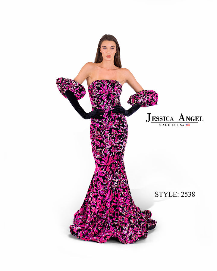 Jessica Angel 2538 strapless floral sequin mermaid gown front view