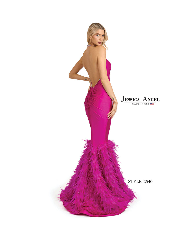 Jessica Angel 2540 low back feather mermaid gown back view