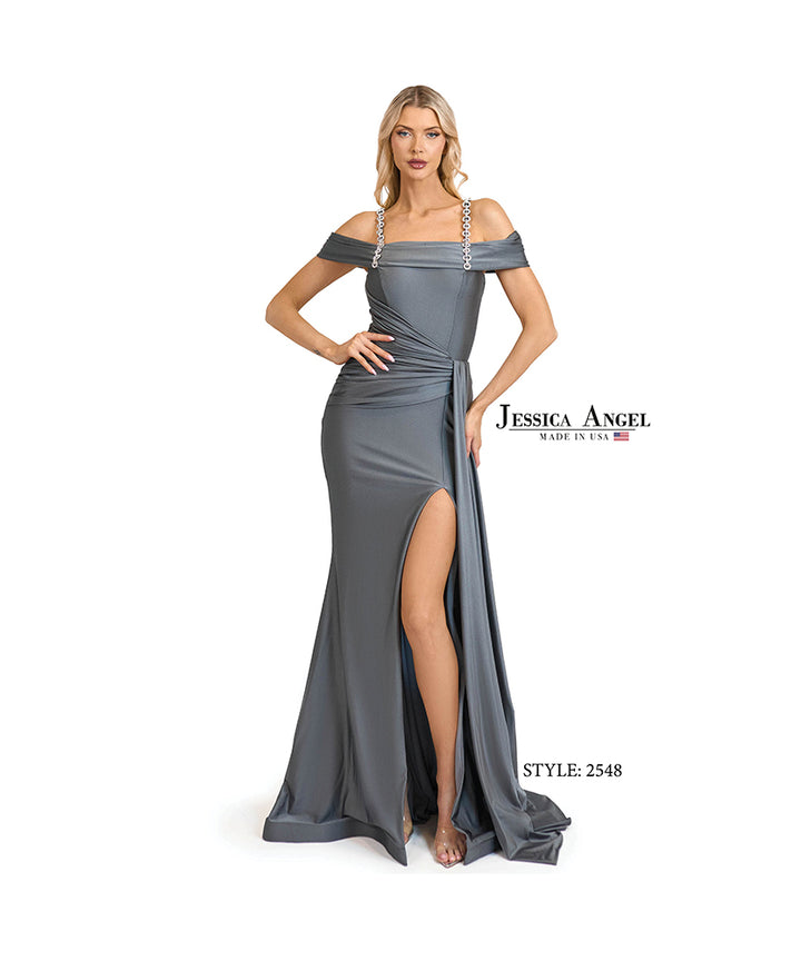 Jessica Angel 2548 off shoulder drape gown front view