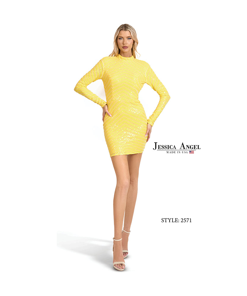 Jessica Angel 2571 high neck long sleeve cocktail dress front view
