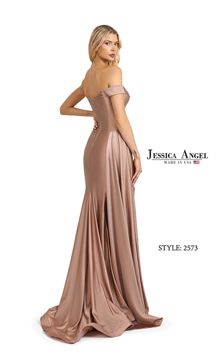 Jessica Angel 2573 off shoulder jersey mermaid gown back view