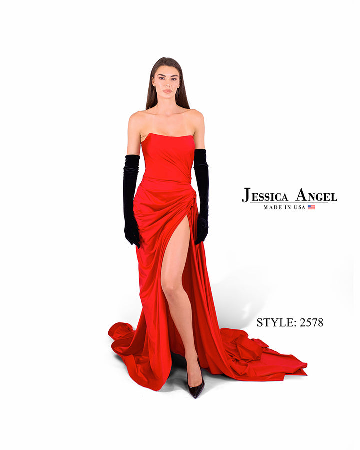 Jessica Angel 2578 strapless draped gown front view