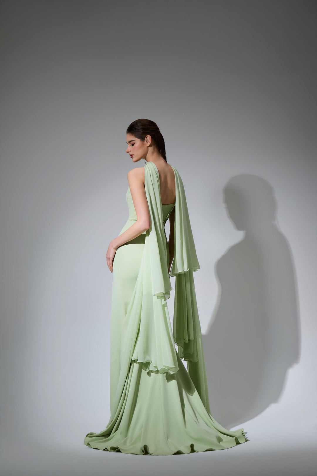 Delilah LD41029 Strapless Column Gown with Beaded Choker Streamers and High Slit - Mint back view