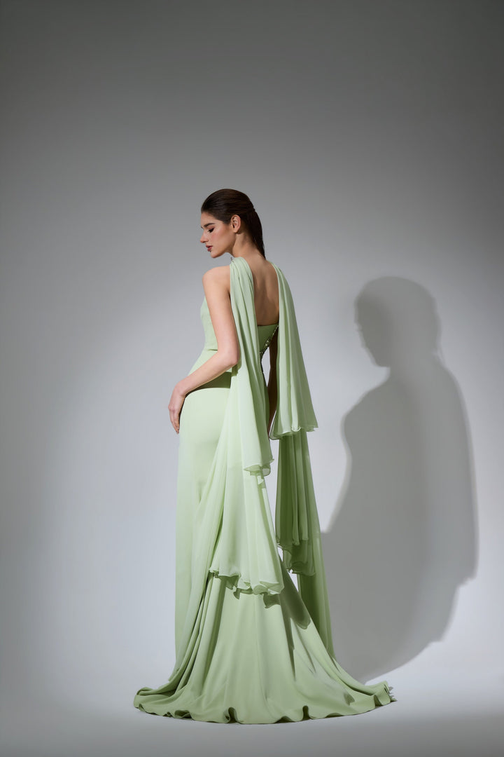Delilah LD41029 Strapless Column Gown with Beaded Choker Streamers and High Slit - Mint back view