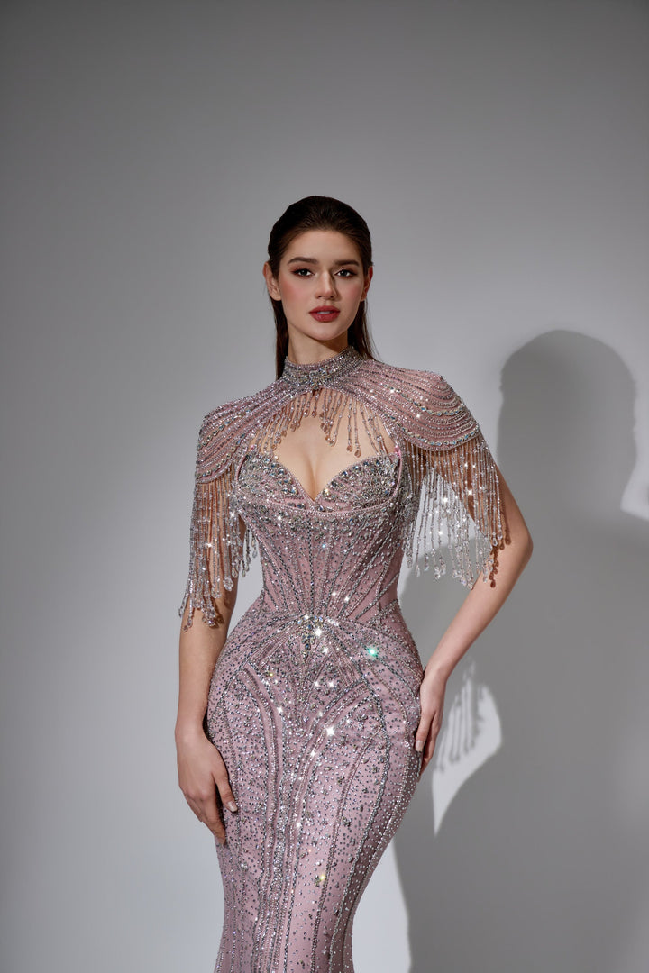 Delilah LD11596 Beaded Corset Sheath Gown with High Choker Collar and Crystal Fringe Shoulders - Pink close-up view