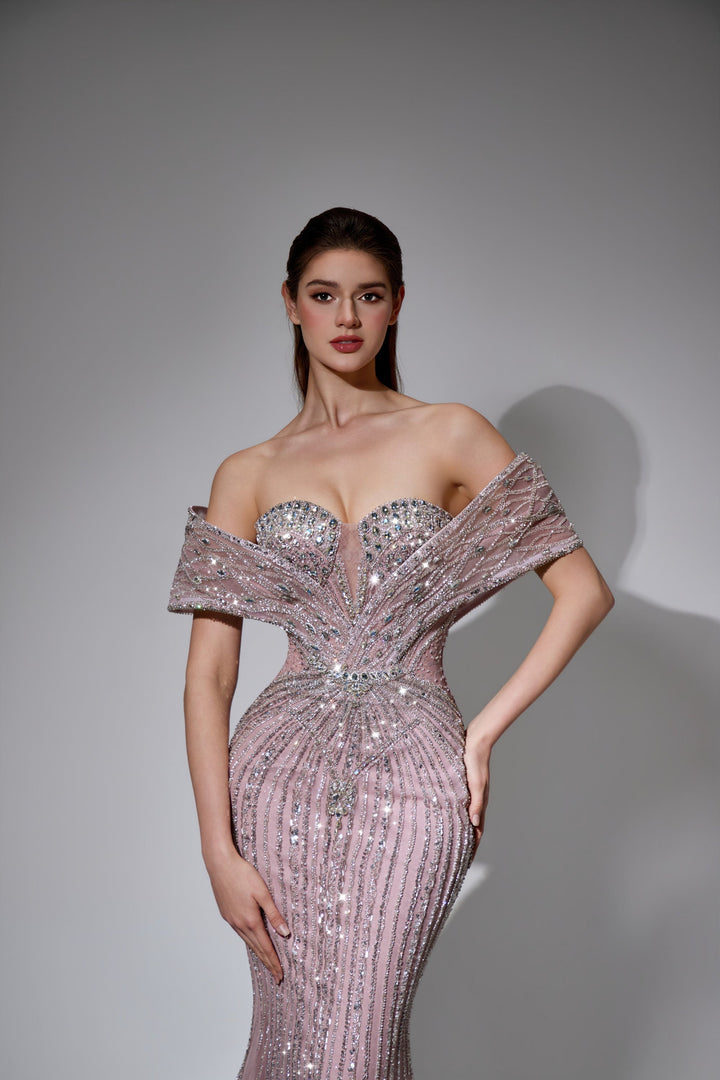 Delilah LD11591 Off-the-Shoulder Folded Band Sweetheart Beaded Corset Mermaid Gown - Pink close-up view