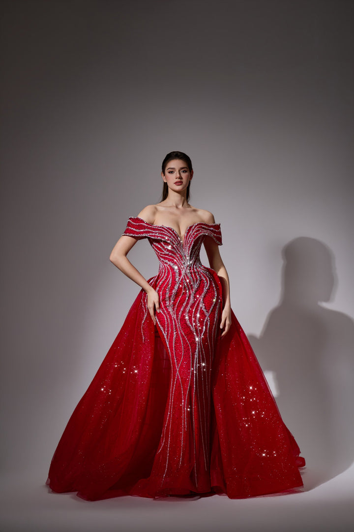Delilah LD11538 Off-the-Shoulder Plunging Beaded Mermaid Gown with Sparkle Overskirt - Red front view