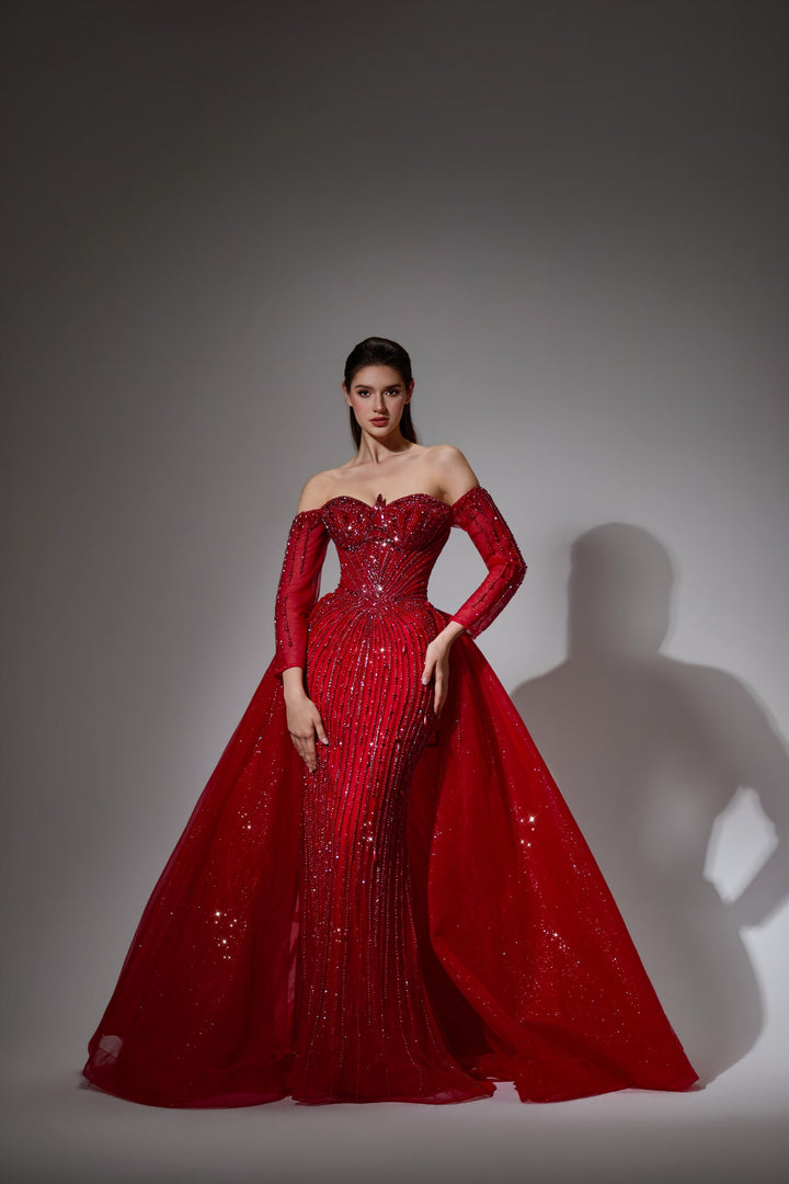 Delilah LD11539 Off-the-Shoulder Long Sleeve Beaded Corset Sheath Gown with Sparkle Overskirt - Red front view
