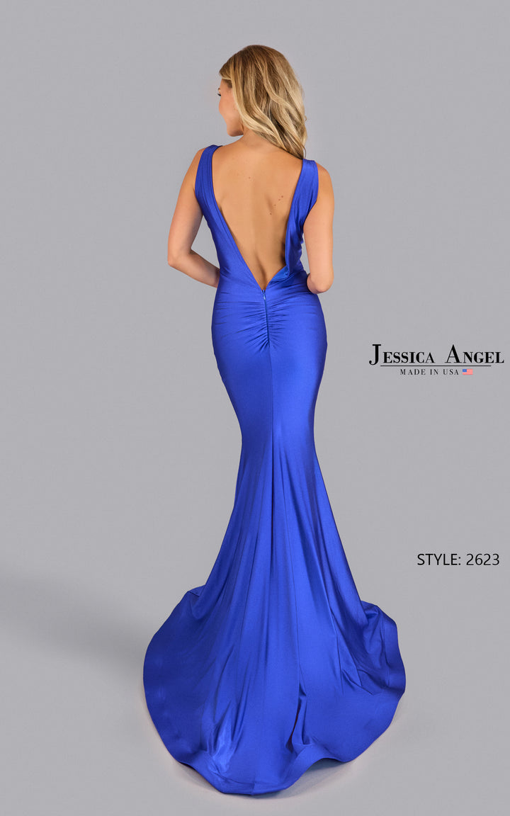 Jessica Angel 2623 ruched open back mermaid gown back view 3
