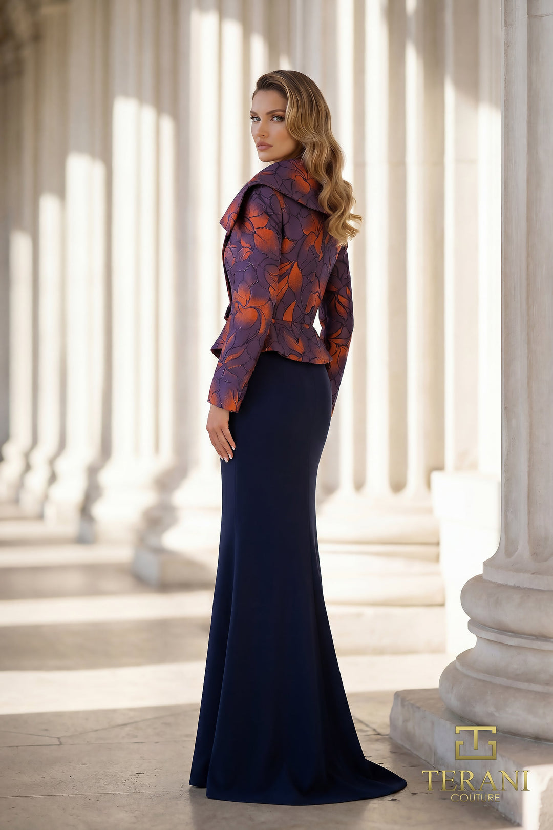 Terani 262E7090 Scoop Neckline Long Sleeves Structured Jacquard Dress