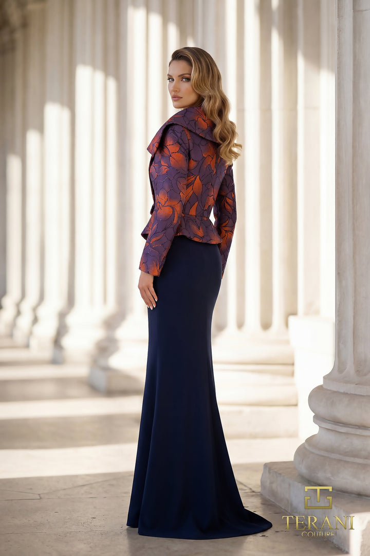 Terani 262E7090 Scoop Neckline Long Sleeves Structured Jacquard Dress