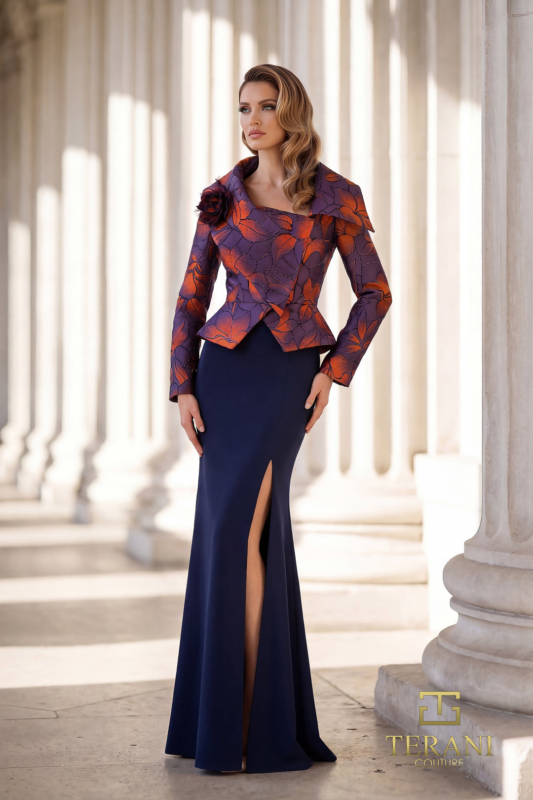 Terani 262E7090 Scoop Neckline Long Sleeves Structured Jacquard Dress