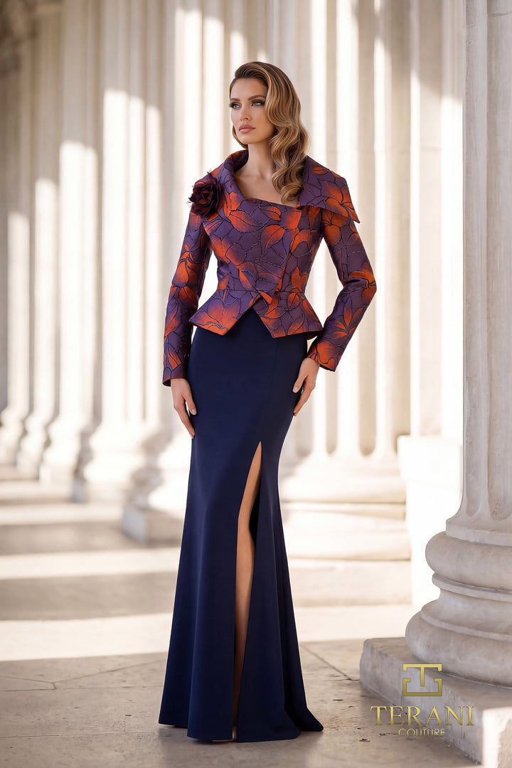 Terani 262E7090 Scoop Neckline Long Sleeves Structured Jacquard Dress