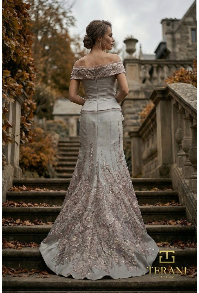 Terani 262M7268 Portrait Neckline Cap Sleeve Structured Corset Dress