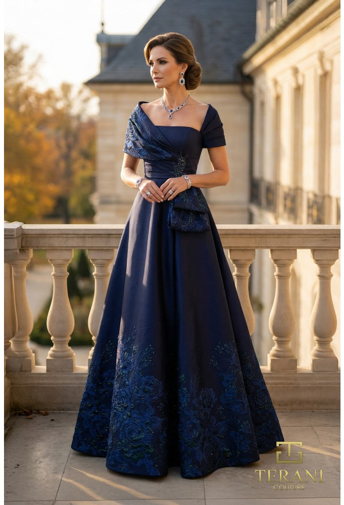 Terani 262M7323 Straight Neckline Cape-Sleeve Structured Dress
