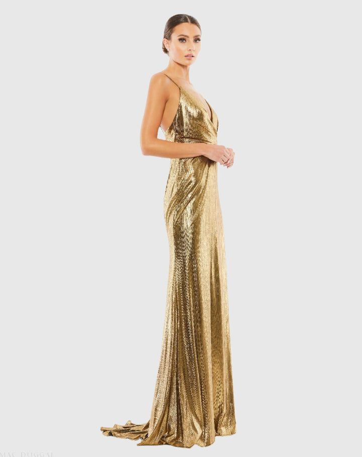 Mac Duggal 26408 Metallic Faux Wrap Spaghetti Strap Gown