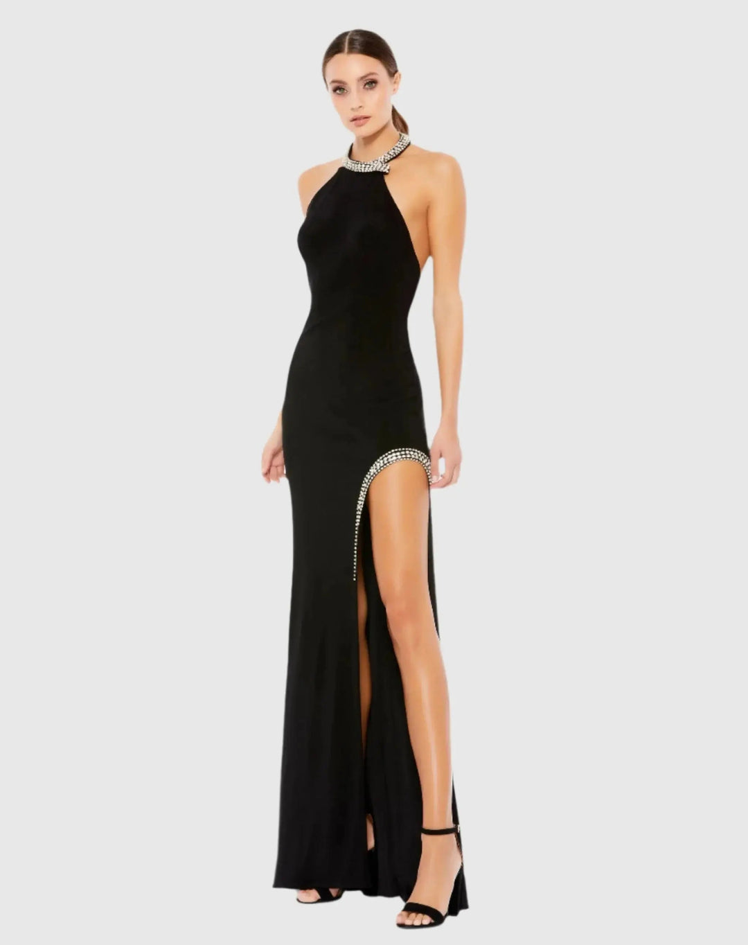 Mac Duggal 26533 High Slit Halter Gown w/ Rhinestone Accents