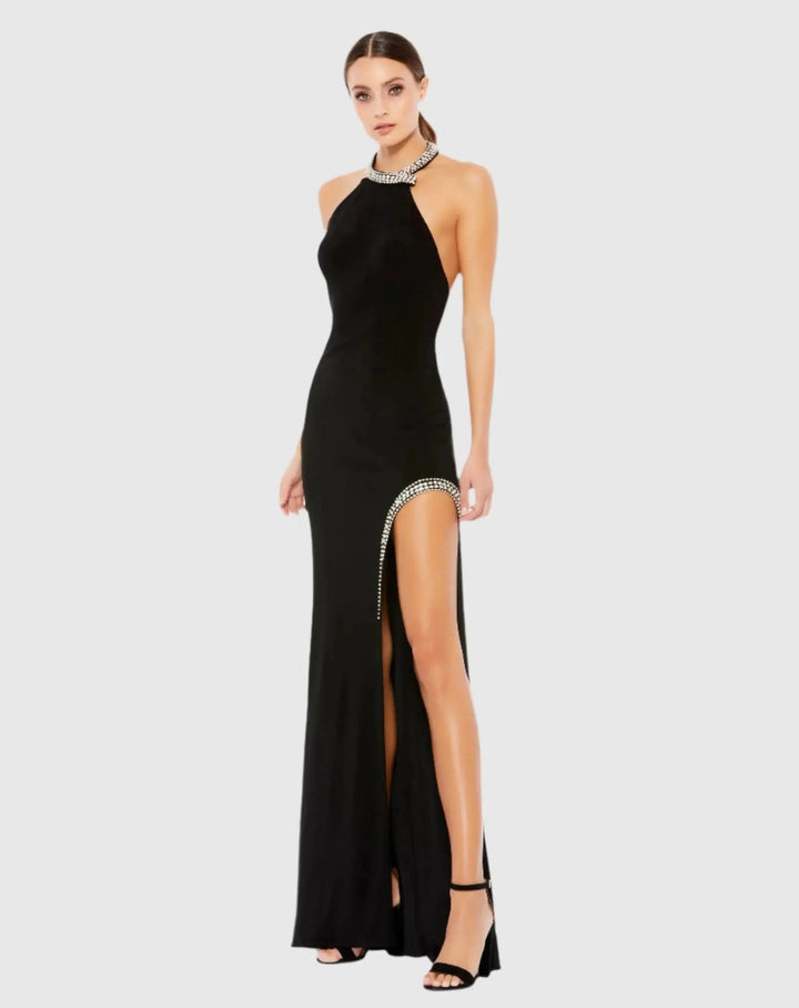 Mac Duggal 26533 High Slit Halter Gown w/ Rhinestone Accents