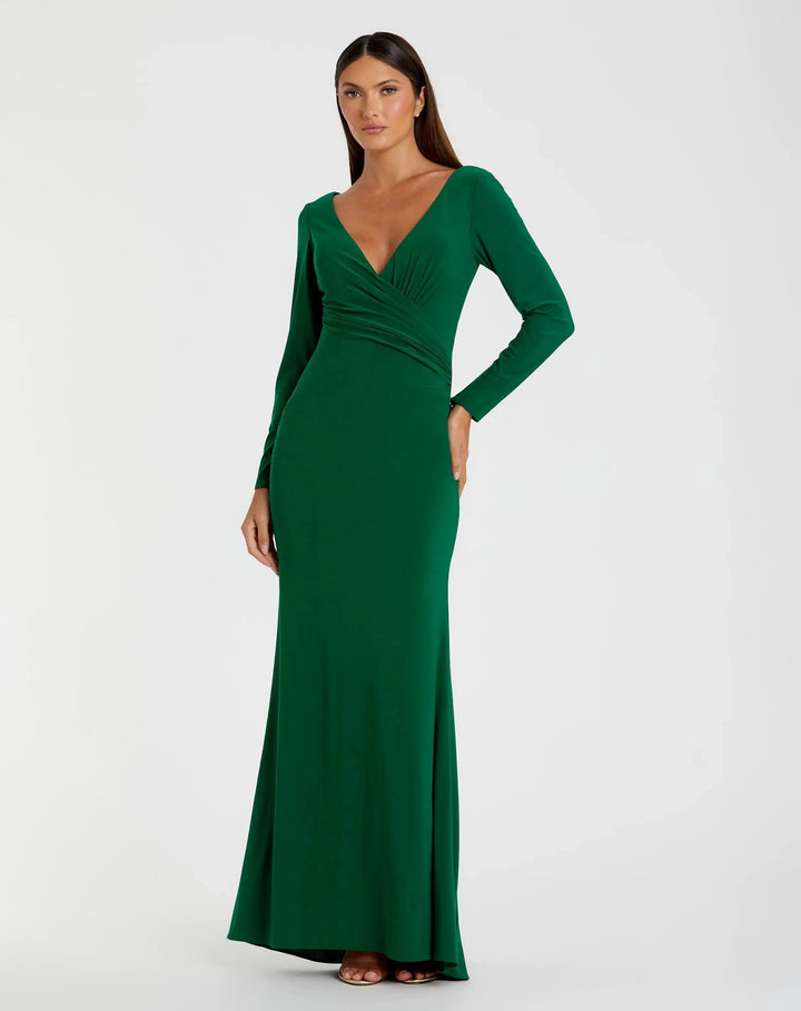 Mac Duggal 26573 Long Sleeve Ruched Jersey V-Neck Gown