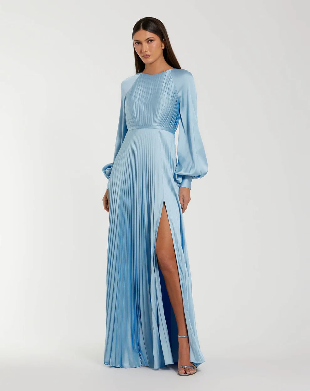 Mac Duggal 26590 Blue Pleated High Neck Long Sleeve Gown with Slit