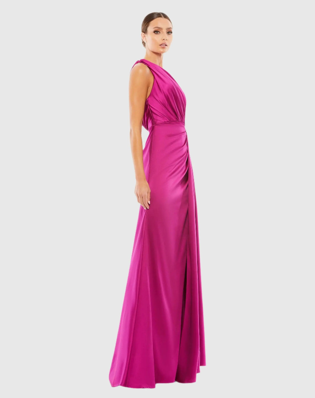 Mac Duggal 26654 Gathered One Shoulder Satin Faux Wrap Gown
